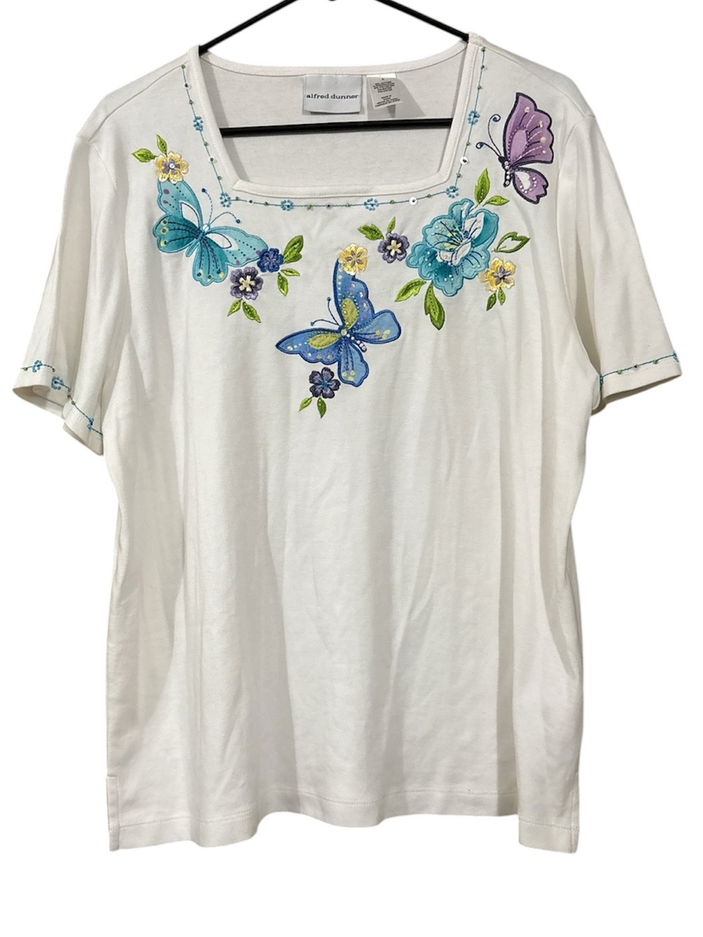 Alfred Dunner White Scoop Neck Tee with Blue & Purple Butterfly Embroidery